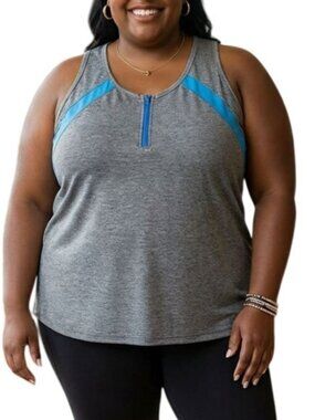Livi Plus Size 26/28 Top Tank Activewear Heather Gray Blue Detail Zip Neckline